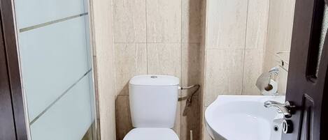 Un baño con inodoro, lavamanos y zona de ducha.