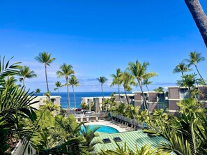Un resort con piscina, palmeras y vista al océano.