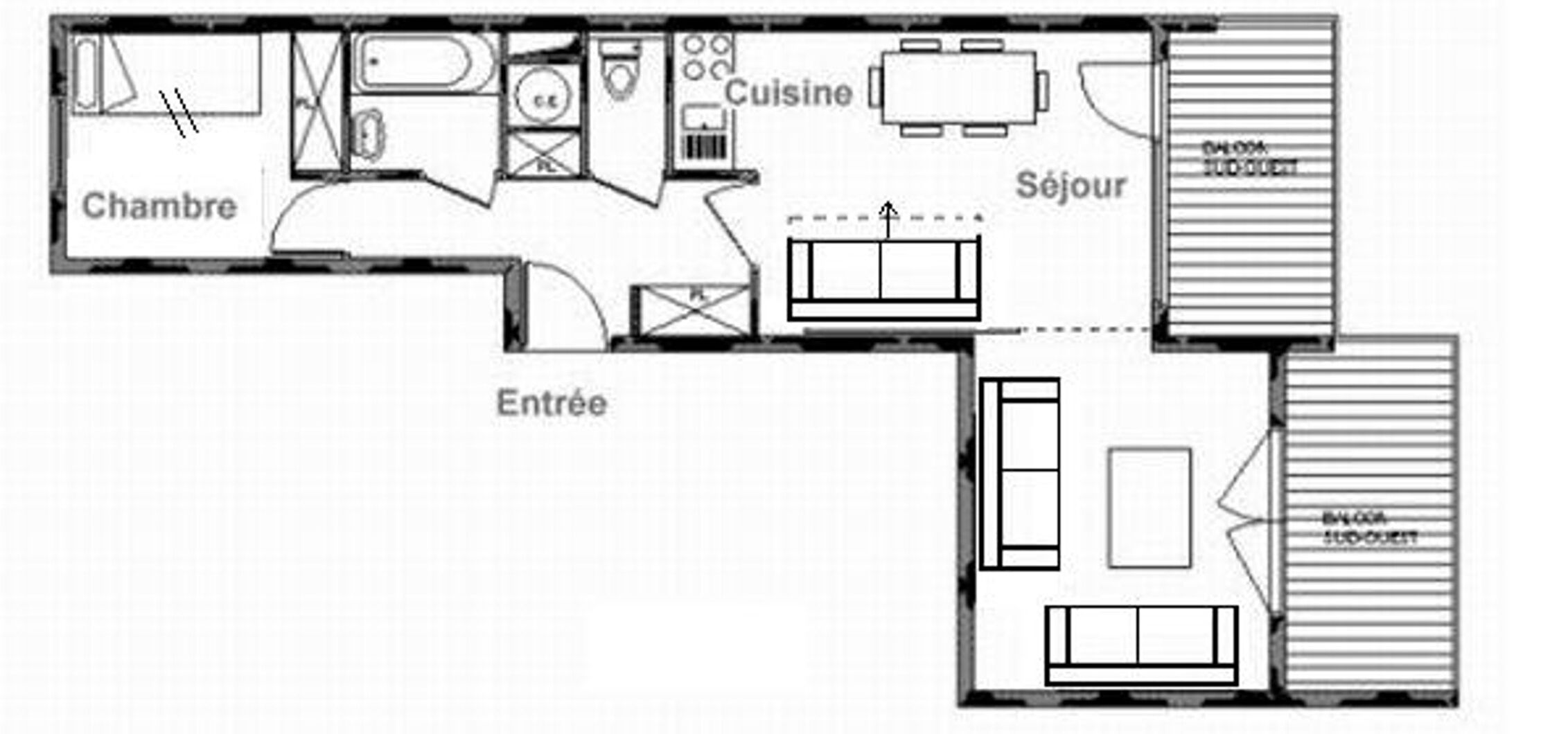 Un plano de planta que muestra una sala de estar, cocina, comedor y dos dormitorios.