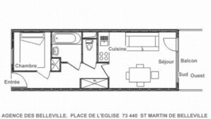 A floor plan of a hotel with labeled rooms including a bedroom, bathroom, kitchen, dining area, living room, balcony, and entrance.