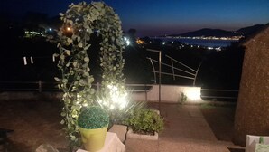 A rooftop garden with potted plants and a small statue.