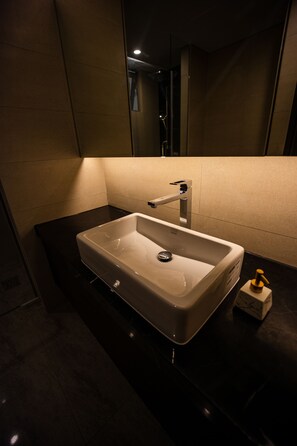Shower, hair dryer, bidet, towels
