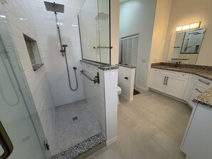 Combined shower/bathtub, hair dryer, towels