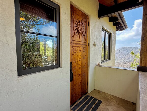 A wooden door with intricate carvings, a window with a view of trees and a mountain, and a small rug at the entrance.