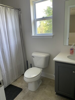 Combined shower/tub, hair dryer, towels, soap