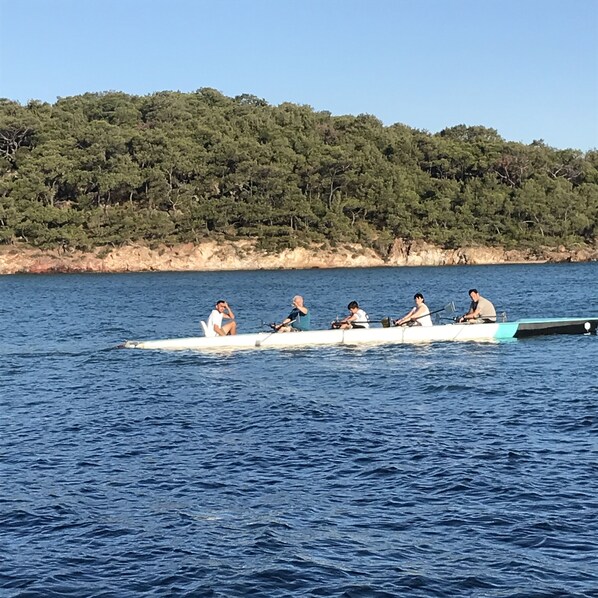 A rowing team on a boat with a forested shoreline in the background. - Kratos Glamping (Ayvalik)