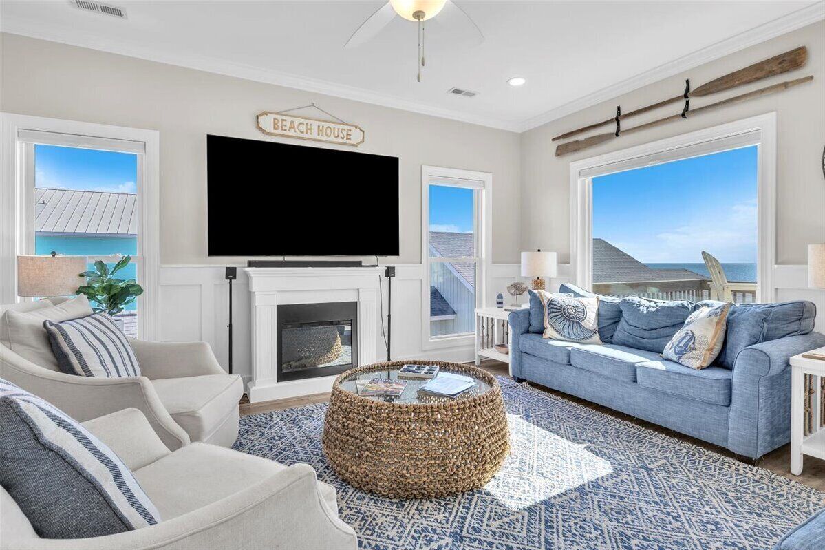 Smart TV, fireplace, books