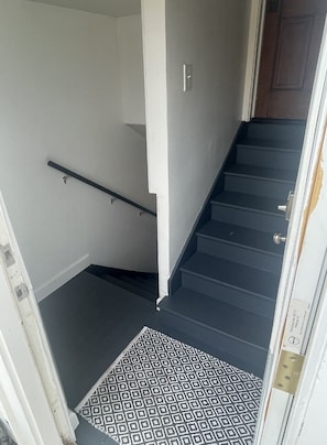 A staircase with a black handrail and a patterned rug at the bottom.