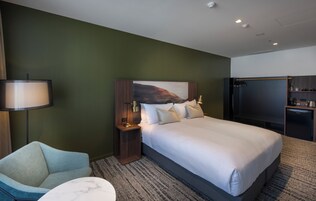 A hotel room with a large bed, a TV, a desk, and a chair.