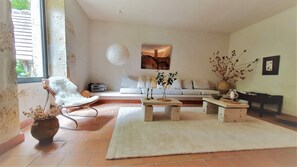 Smart TV, fireplace, books, stereo