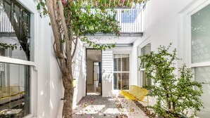 A narrow courtyard with a tree, a potted plant, and a yellow chair. - Spacious Modern Home in iconic Green Point (Cape Town)