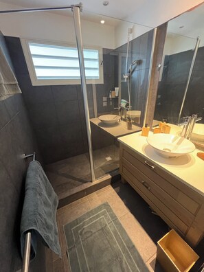 Bathtub, hair dryer, towels, soap