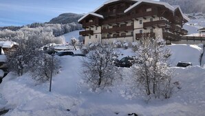 A large, multi-story chalet with a sloped roof, surrounded by snow-covered trees and a mountainous backdrop.