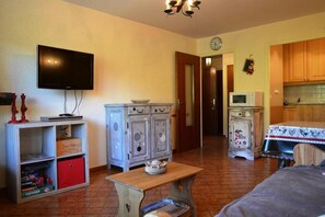 Cozy living space with a TV, kitchenette, and comfortable bed.