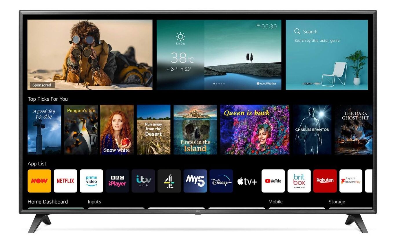 Una pantalla de televisión mostrando un pronóstico del tiempo, una barra de búsqueda y una lista de películas.