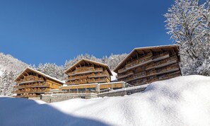 A wooden chalet-style hotel with multiple balconies, set against a snowy mountain backdrop.