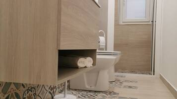 Shower, hair dryer, bidet, towels