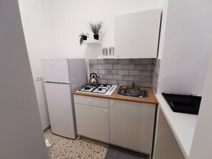 Køleskab, kogeplade, elkedel, køkkentøj/tallerkener/redskaber