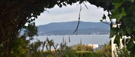 A view through a vine-covered archway overlooking a body of water and distant mountains.