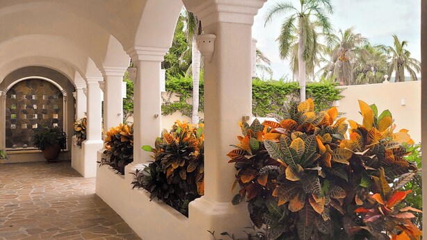 A covered walkway with stone flooring, white columns, and lush plant arrangements. - Huatulco beauty in Chahue Bay. Large family condo with ocean and mountain views (Chahue)