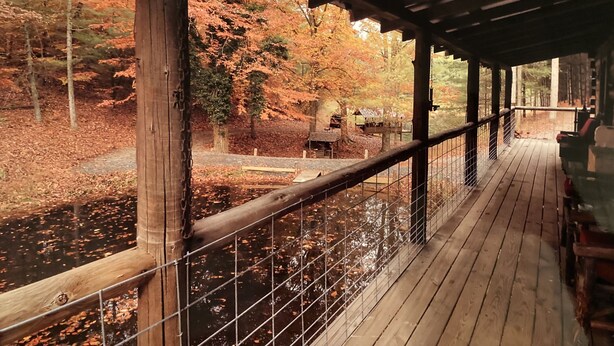 A wooden deck overlooking a river with autumn foliage. - Retreat with rustic cabin, picnic shed and ponds (Leicester)