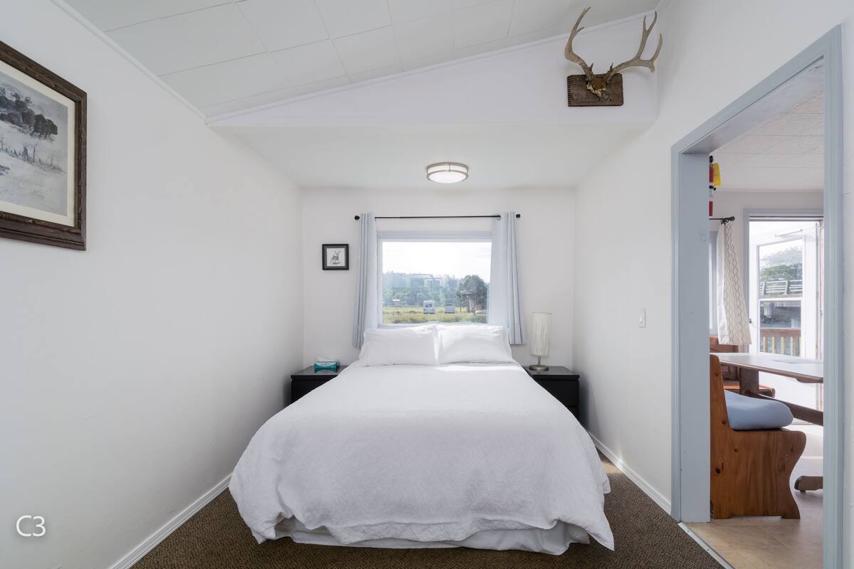 A bedroom with a large bed, a window with curtains, a nightstand, a framed picture, and a deer head decoration.