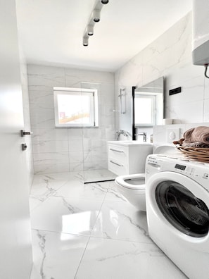 Shower, hair dryer, towels