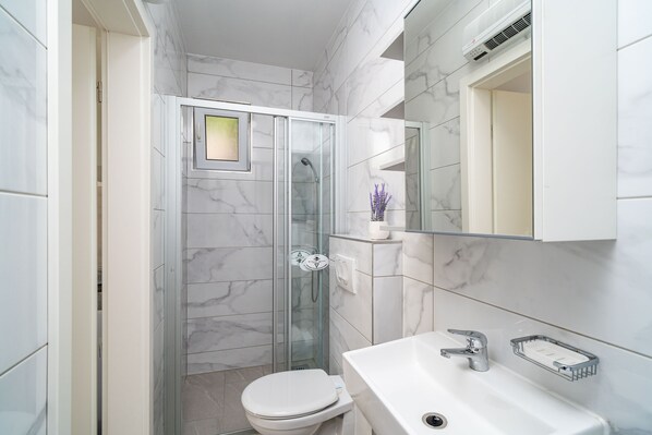 A modern bathroom with a glass-enclosed shower, a white toilet, and a sink with a soap dish.