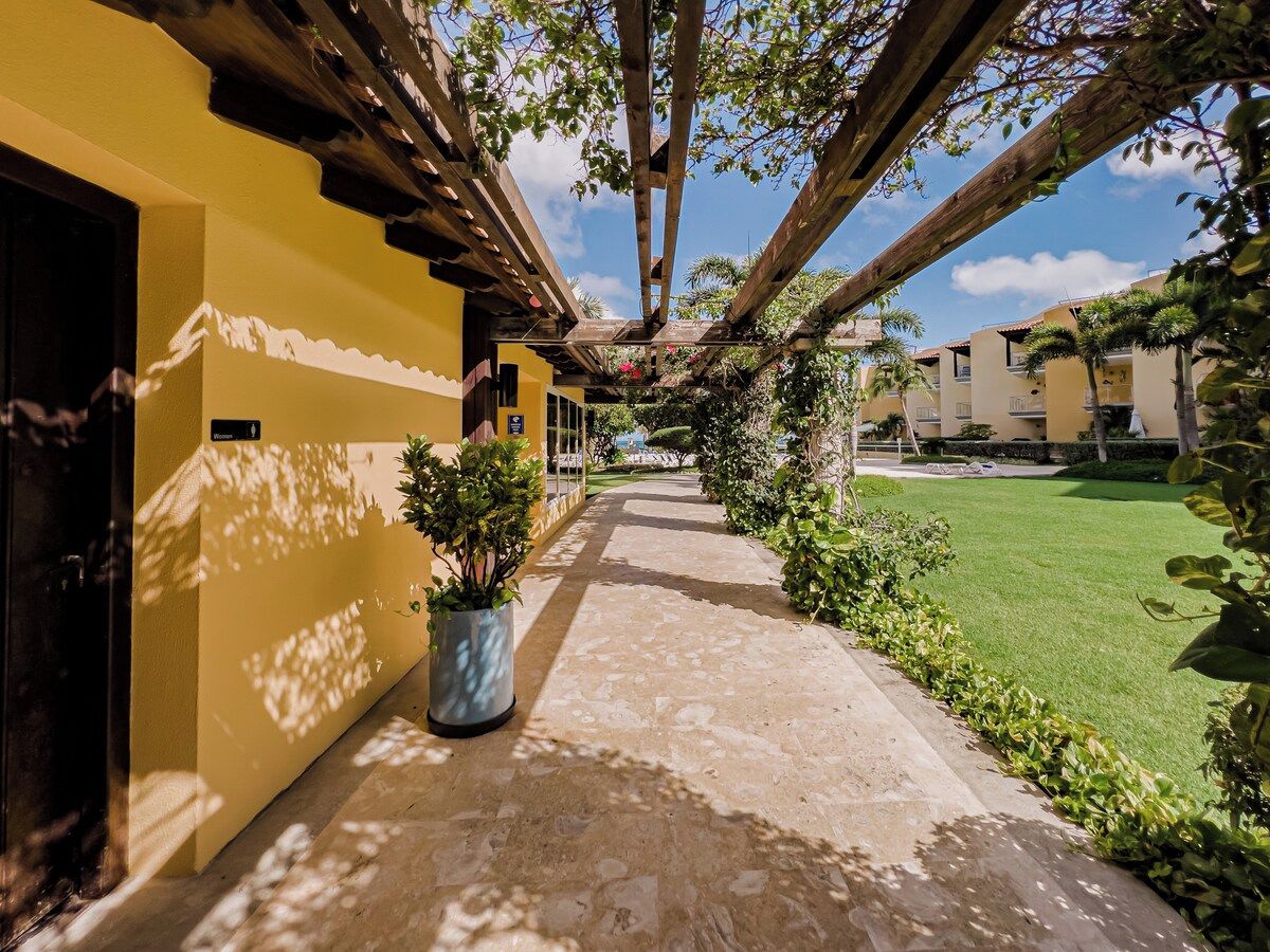 A corridor with a yellow wall, a potted plant, and a view of a green lawn and buildings in the distance.