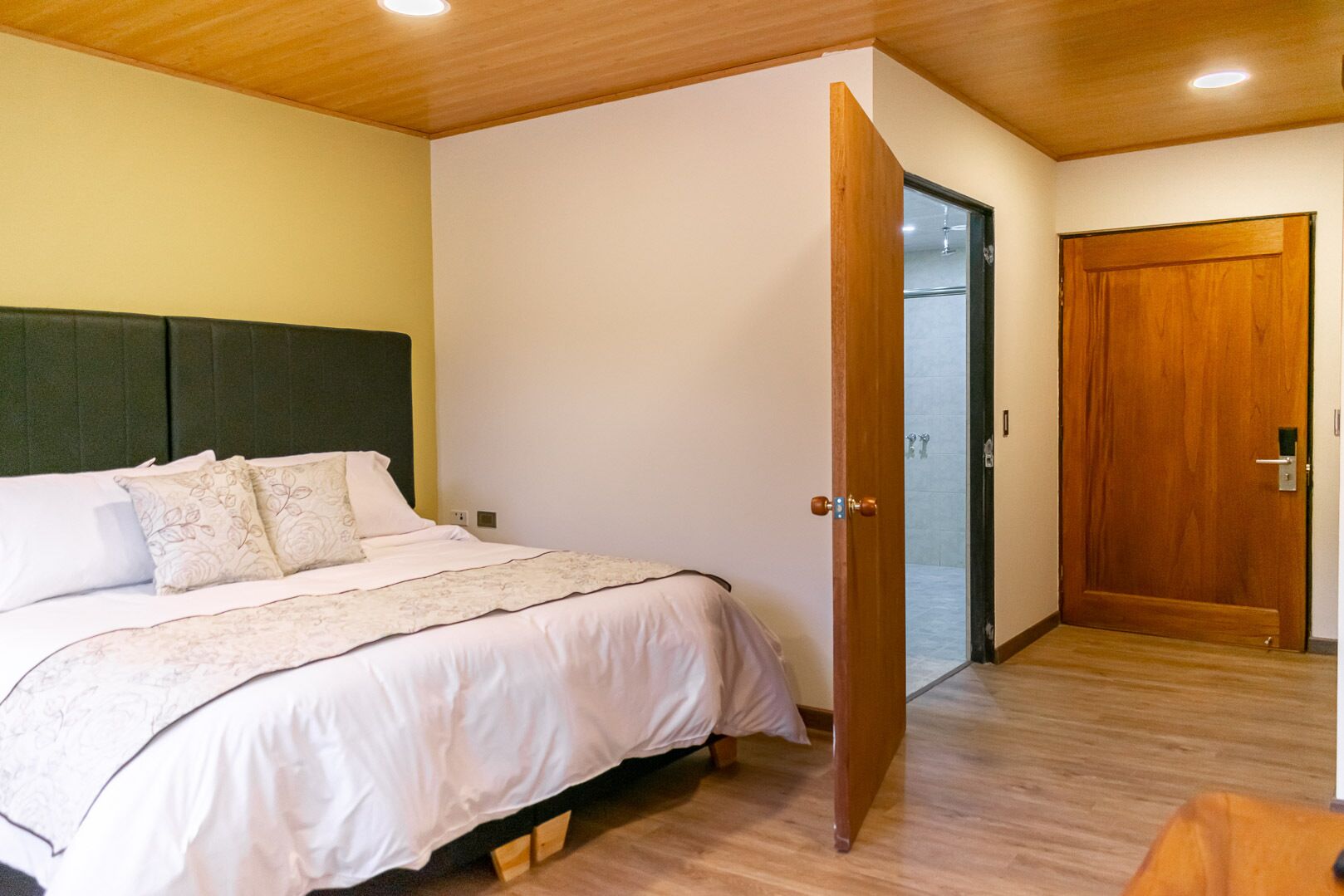 A bedroom with a bed, pillows, a wooden door, and a shower area.