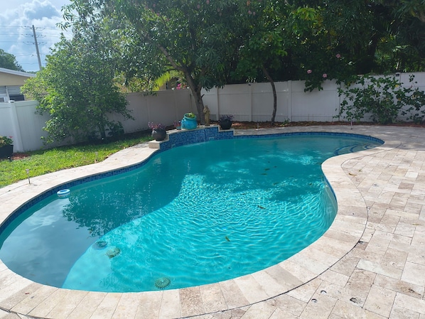 Una piscina de borde curvo, rodeada por una solana con baldosas y una valla blanca.