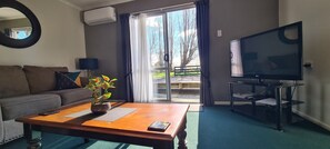 A living room with a sofa, a coffee table with a plant, a TV on a stand, and a sliding glass door leading outside. - Kawakawa Cottage - lovely rural outlook. Convenient location to Manfield Park  (Feilding)