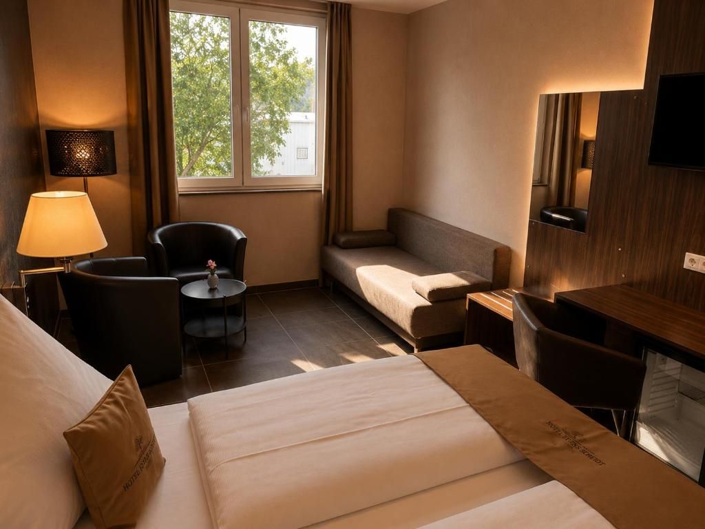A hotel room with a bed, a sofa, a desk, a chair, a lamp, and a TV.