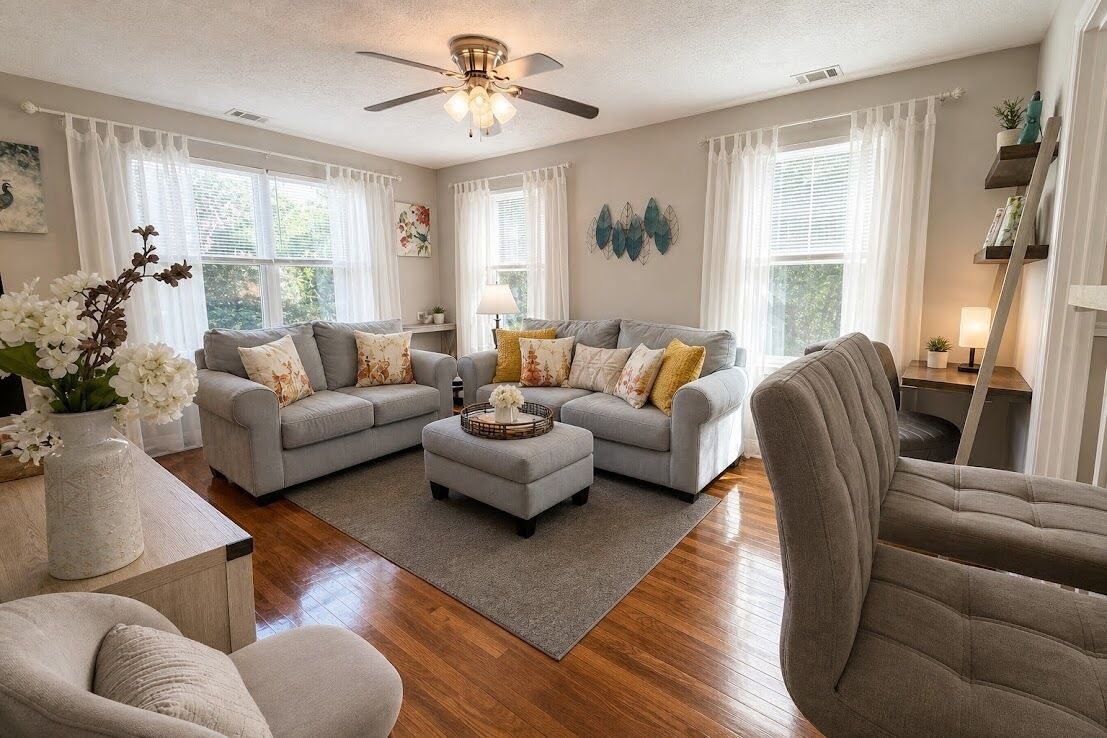 Comfortable living room with ample seating, a smart TV, and a peaceful view of t