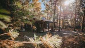 Une cabane dans une forêt, dotée d’un porche et d’une petite terrasse.