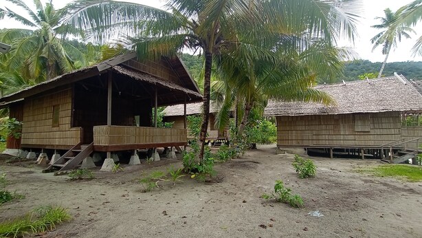A rustic wooden house with a thatched roof, a wooden porch, and a dirt ground. - Guest House (West Papua)