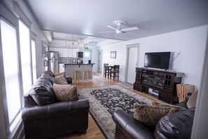 TV, fireplace, books