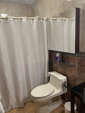 Regadera, bidet, toallas, papel de baño
