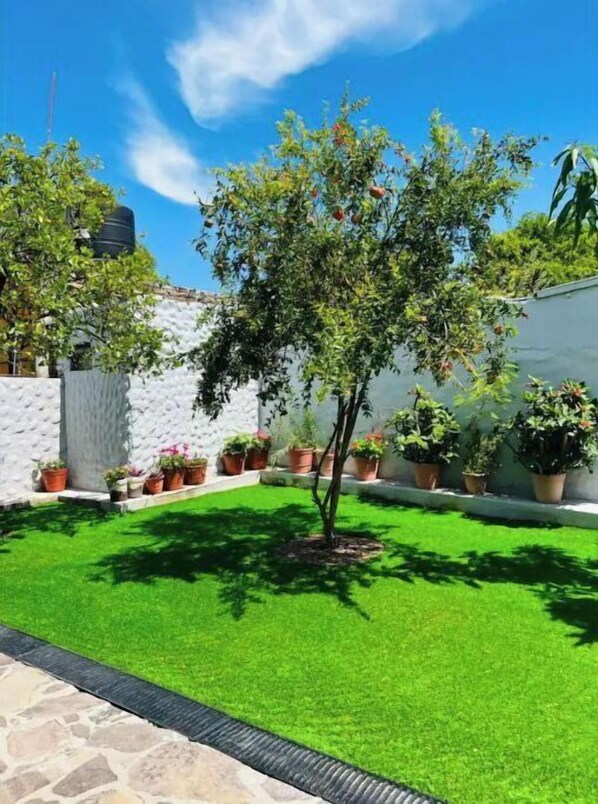 Un jardín bien cuidado con césped artificial, plantas en macetas y una pared blanca.