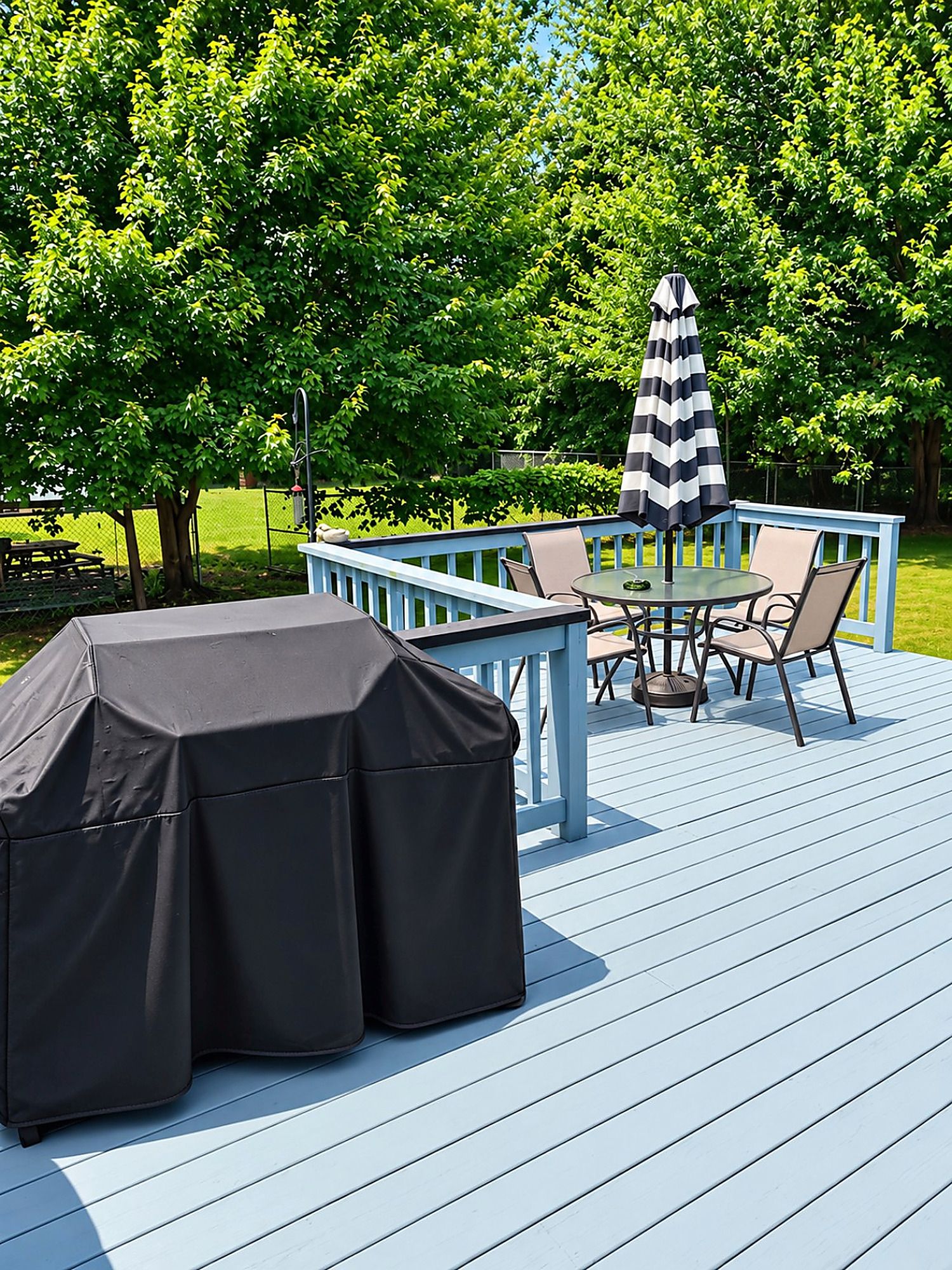 An outdoor deck with a covered grill, a table with chairs, and a striped umbrella.