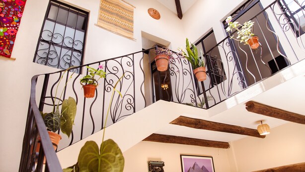 Um interior em vários níveis, com escada, plantas em vasos e painéis decorativos na parede.