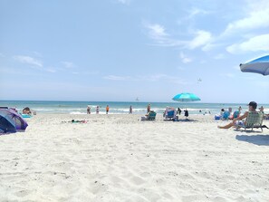 A beach with people relaxing under umbrellas, a clear sky, and the ocean in the background.