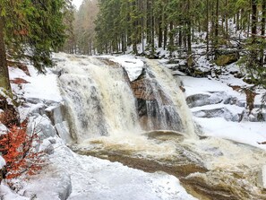 A waterfall in a forested area with snow-covered ground and trees.