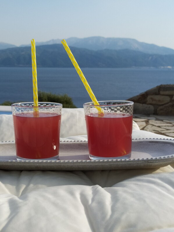 Two glasses of red beverage with yellow straws on a tray, set against a scenic mountain backdrop. - PRINCESS OF BLUE EAGLES (Skaloma)