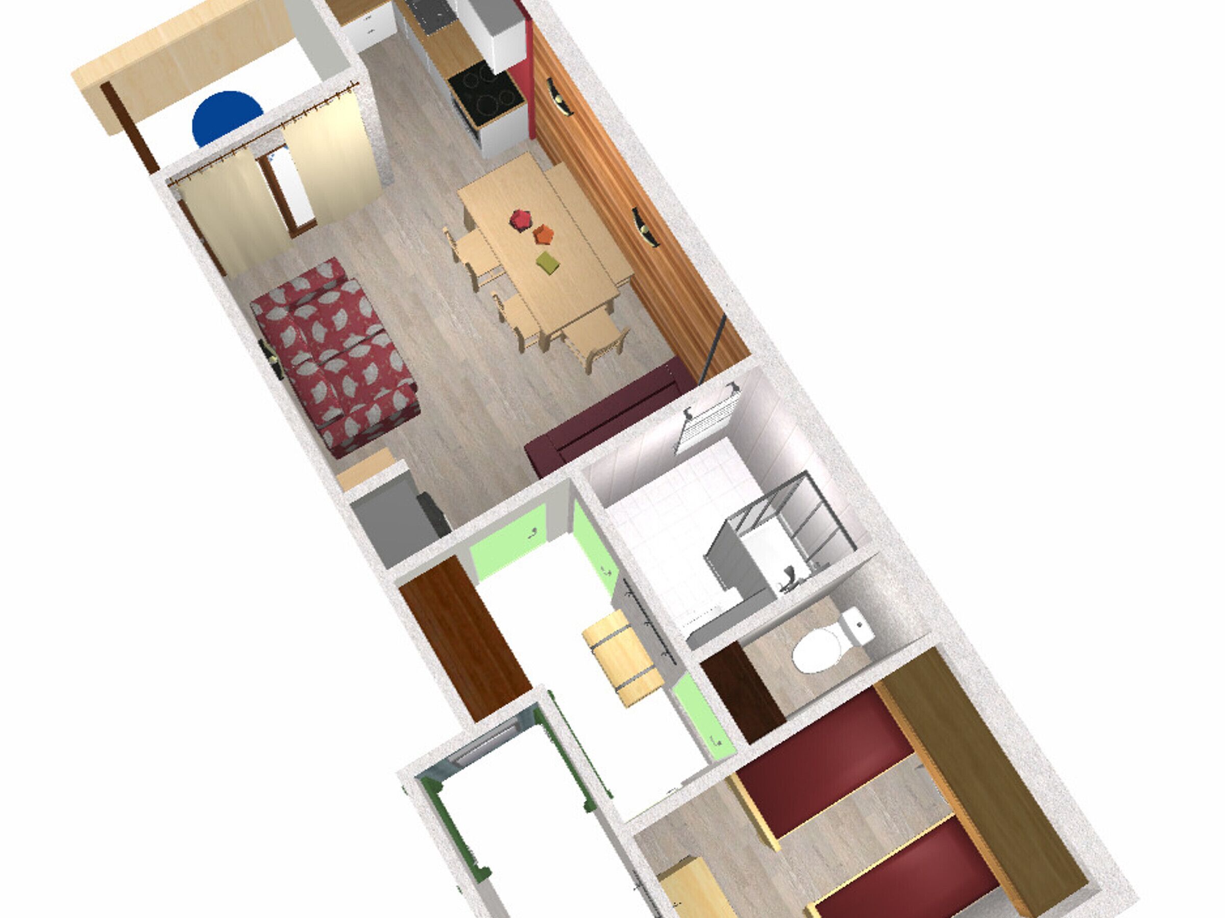Plano de planta en 3D de una habitación de hotel con cama, escritorio, silla, pequeña mesa, sofá y baño.