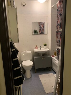 Combined shower/bathtub, towels, soap, shampoo