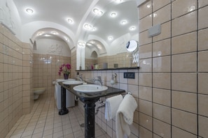 Bathtub, hair dryer, bidet, towels