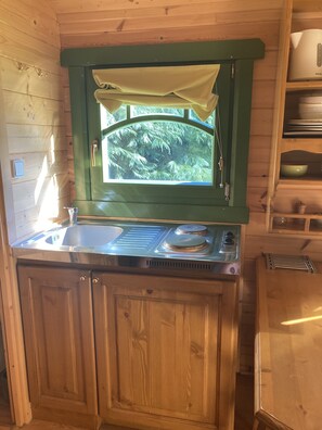 Fridge, microwave, stovetop, coffee/tea maker