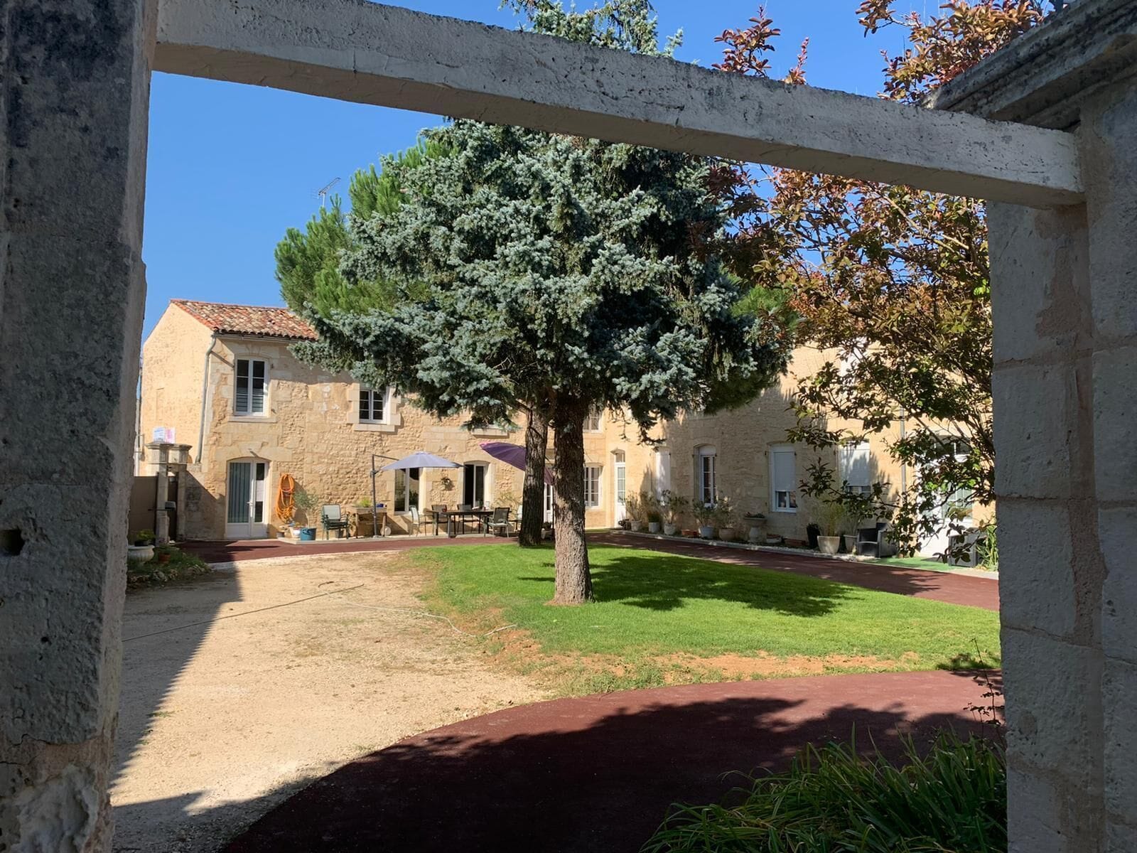 A courtyard with a tree, a building with a tiled roof, and a stone wall.