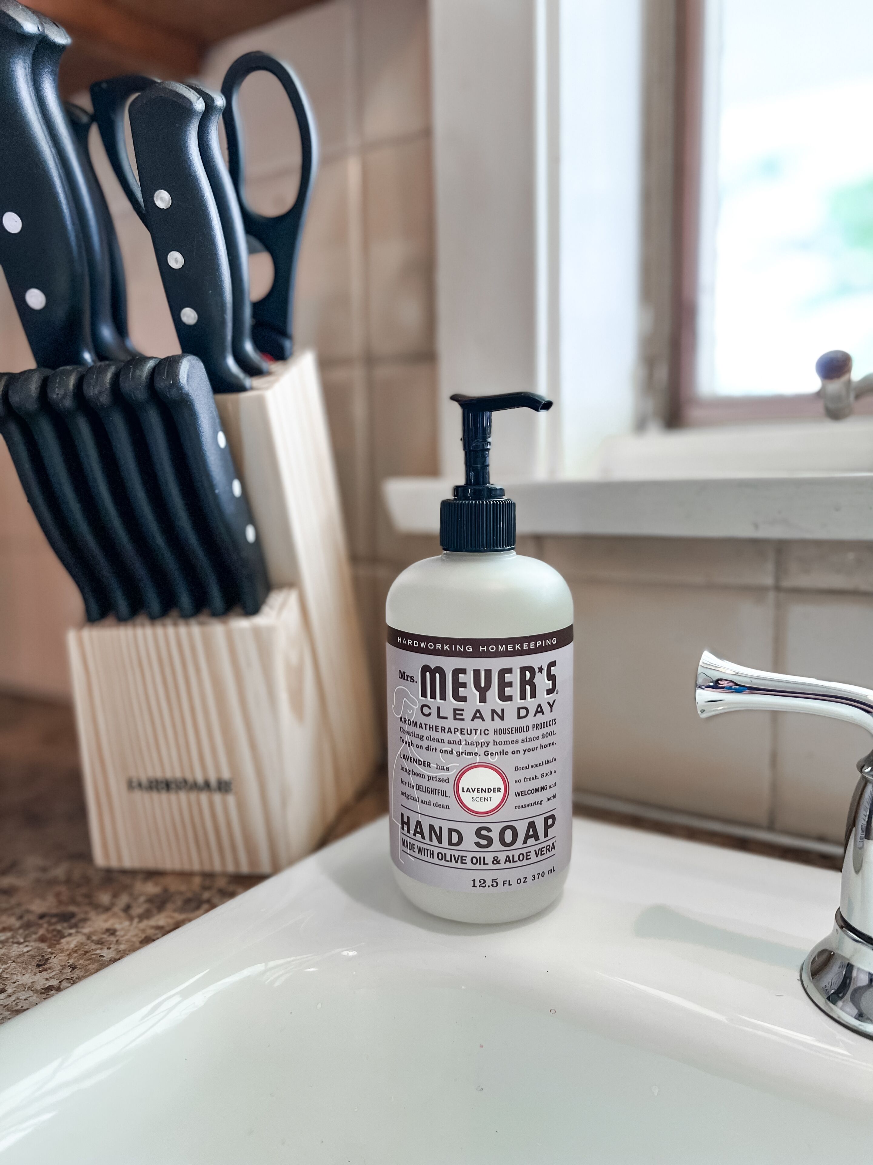 A bottle of hand soap on a kitchen sink with a window in the background.